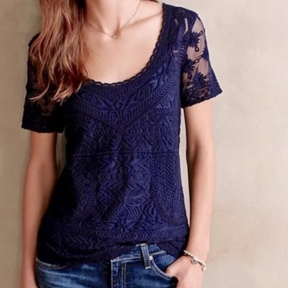 Anthropologie Meadow Rue Navy Mesh Lace Blouse - Women's XS - Picture 1 of 4